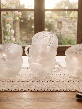 Vintage Espresso Cups - Set of 7 Frosted Textured Glass Leaf Motif